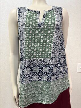 Lucky Brand Sleeveless Mixed Print Tank Top Sage Green Navy Size Medium